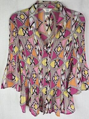SLB Womens XL/Large Geometric Pink Crinkle Ruffle Bell Sleeve Fairycore Y2K